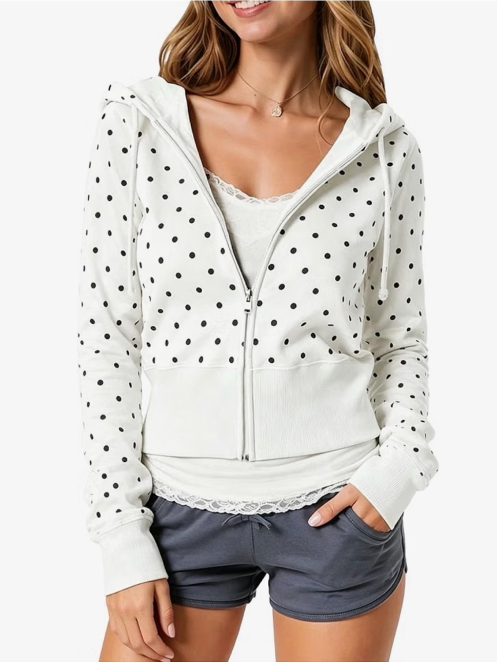 Women's White Polka Dot Zip-Up Hoodie